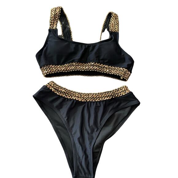 Egyptian Style 2 PCHi Waist Bikini Swim Size Large Black Gold Sequin Trim New - Picture 1 of 16